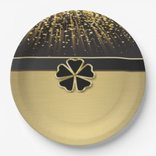 Classy Elegant Irish Shamrock ,Faux Gold Confetti Paper Plate