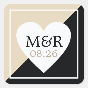 classy elegant love heart black/beige wedding square sticker