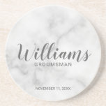 Classy Elegant Marble Personalized Groomsmen Coaster<br><div class="desc">Classy Elegant Marble Modern Script Personalized Groomsmen Coaster
featuring personalized groomsman's name in modern calligraphy font style with title and wedding date in modern sans serif font style on white marble background.

Also perfect for Maid of Honour,  Flower Girl,  Mother of the Bride,  Groomsmen,  Best man and more.</div>
