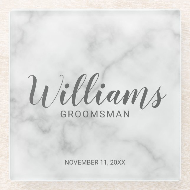 Classy Elegant Marble Personalized Groomsmen Glass Coaster (Front)