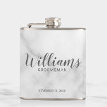 Classy Elegant Marble Personalized Groomsmen Hip Flask<br><div class="desc">Classy Elegant Marble Modern Script Personalized Groomsmen Flask
featuring personalized groomsman's name in modern calligraphy font style with title and wedding date in modern sans serif font style on white marble background.

Also perfect for Father of the Bride,  Best man and more.</div>