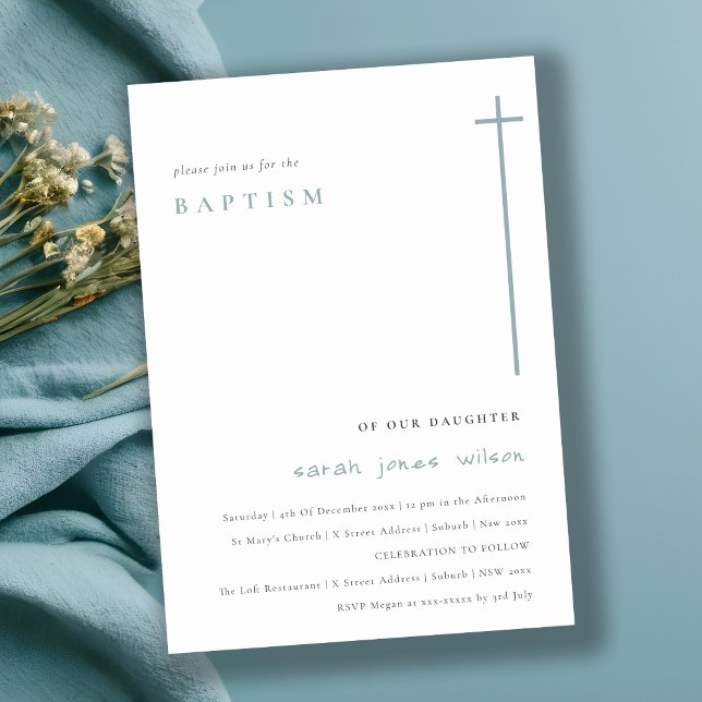 Classy Elegant Minimal Blue Typography Baptism Invitation (Creator Uploaded)