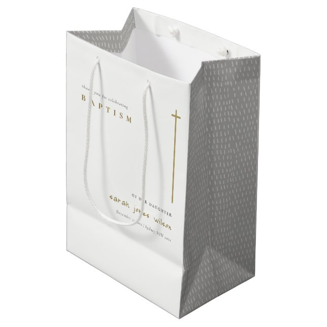 Classy Elegant Minimal Gold Typography Baptism Medium Gift Bag (Front Angled)