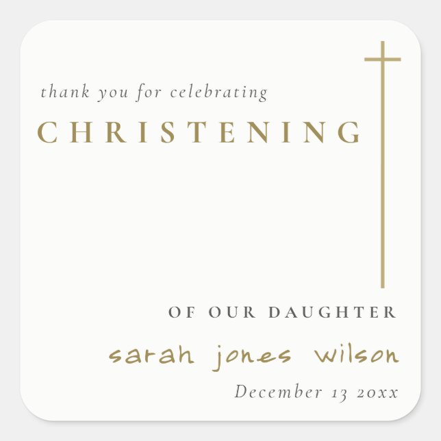 Classy Elegant Minimal Gold Typography Christening Square Sticker (Front)