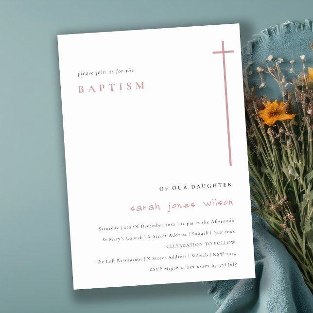 Classy Elegant Minimal Pink Typography Baptism Invitation (Creator Uploaded)