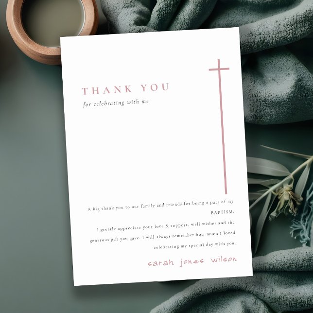Classy Elegant Minimal Pink Typography Baptism Thank You Card (Creator Uploaded)