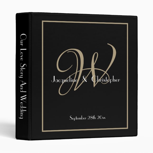 Classy Elegant Monogram Black & Gold Wedding Binder (Front/Spine)
