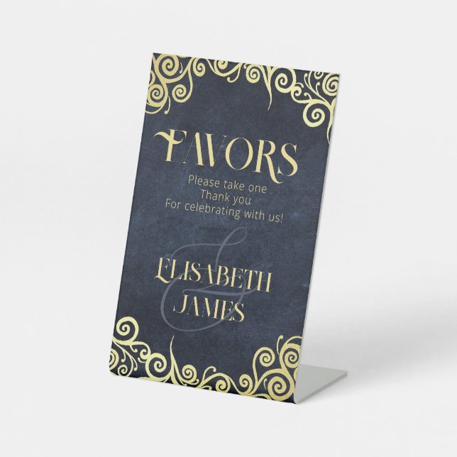   Classy Elegant Navy Blue And Gold Take One Favou Pedestal Sign (Front)