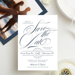 Classy Elegant Navy Blue Calligraphy Photo Back Save The Date