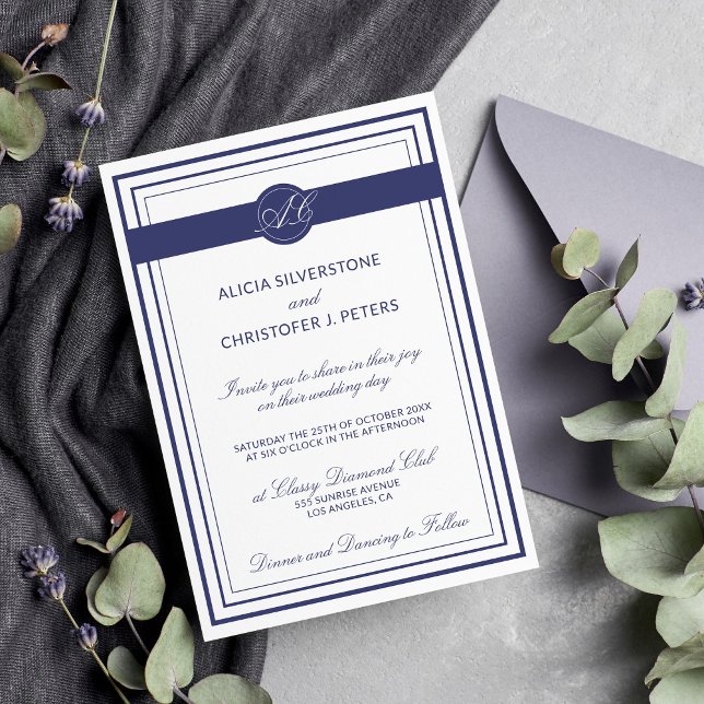 Classy Elegant Navy White Monogrammed Wedding Invitation (Creator Uploaded)