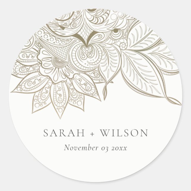 Classy Elegant Ornate Paisley Ivory Gold Wedding Classic Round Sticker (Front)