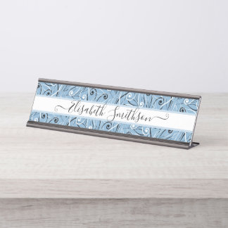   Classy & Elegant Pastel Blue Professional Floral Desk Name Plate