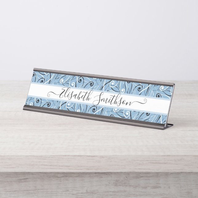   Classy & Elegant Pastel Blue Professional Floral Desk Name Plate (Front)
