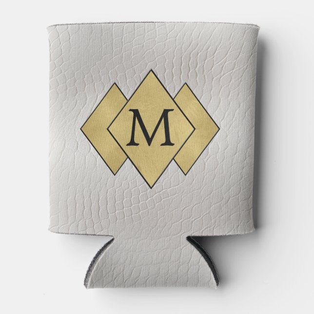 Classy Elegant Personalized Faux White Leather  Can Cooler (Front)