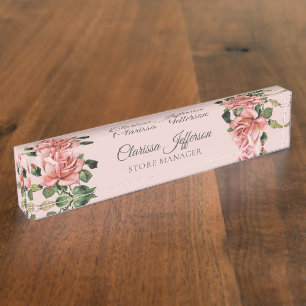Classy elegant pink blush roses store manager nameplate