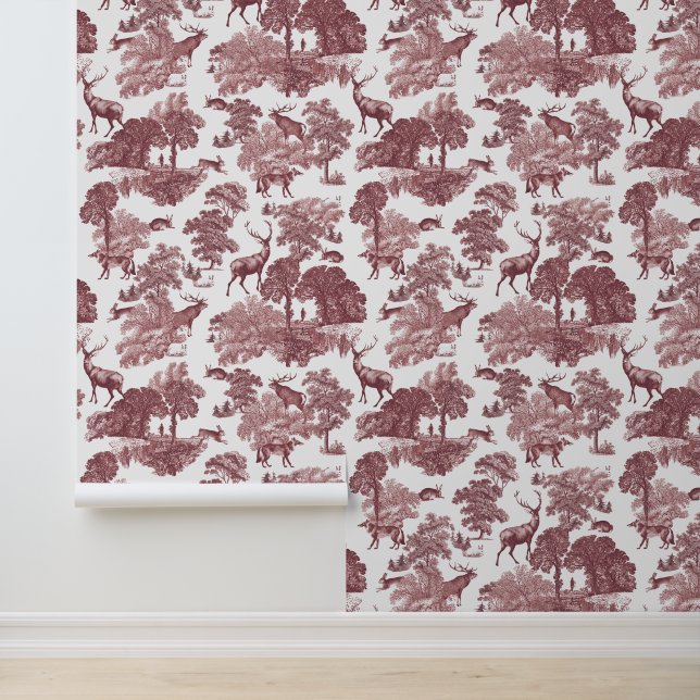 Classy Elegant Pink Deer Forest Animals Toile Wallpaper (Application)
