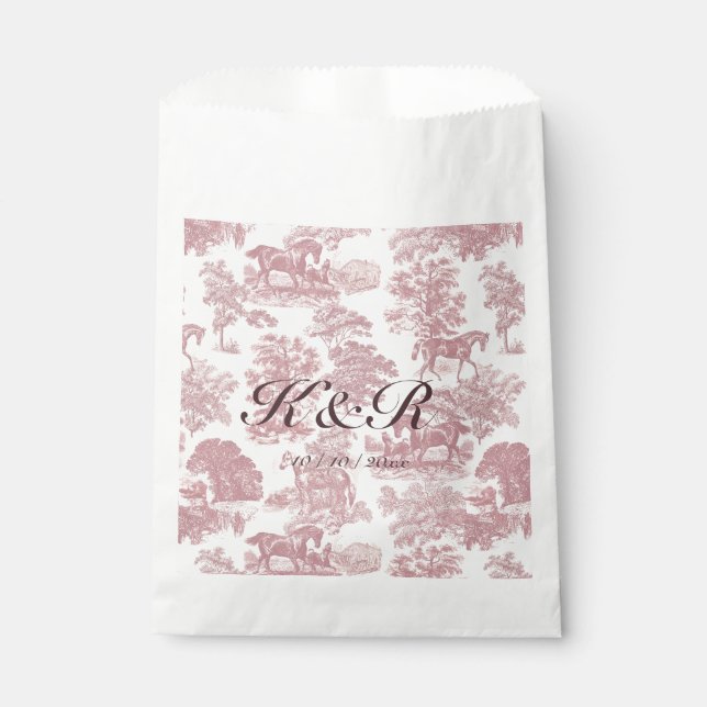 Classy Elegant Pink Horse Toile Name Initials Favour Bag (Front)