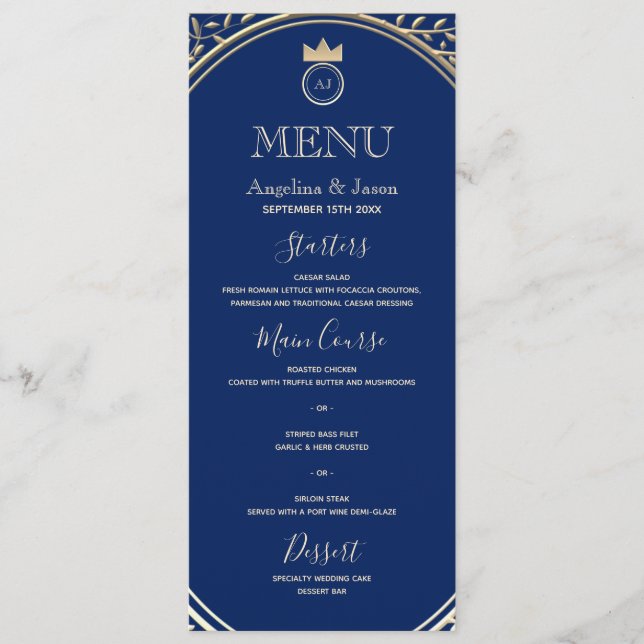 Classy Elegant Royal Blue and Gold Floral Wedding Menu (Front)