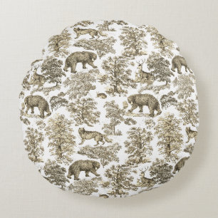 Classy Elegant Rustic Beige Forest Animals Toile Round Pillow