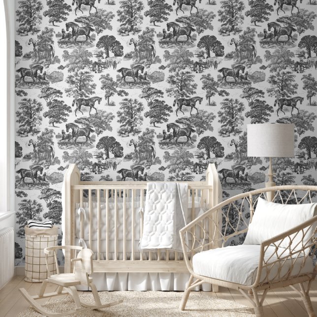 Classy Elegant Rustic Black White Horse Toile Wallpaper (Kids)
