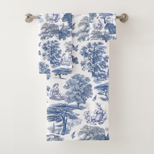 Classy Elegant Rustic Blue Country Toile Bath Towel Set (Insitu)