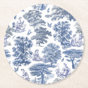 Classy Elegant Rustic Blue Country Toile Round Paper Coaster