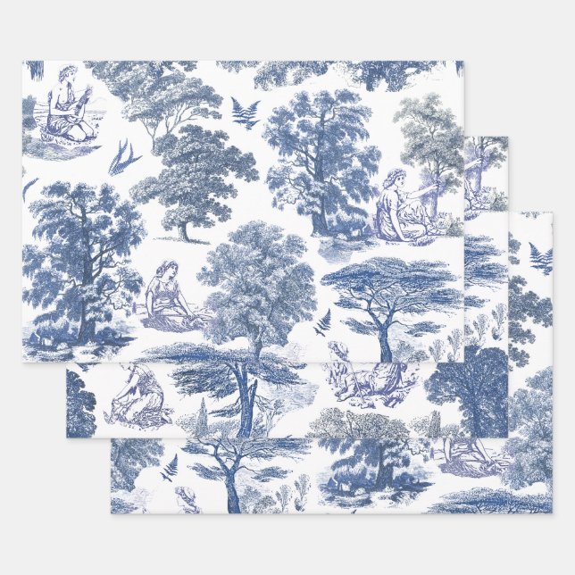 Classy Elegant Rustic Blue Country Toile Wrapping Paper Sheet (Set)