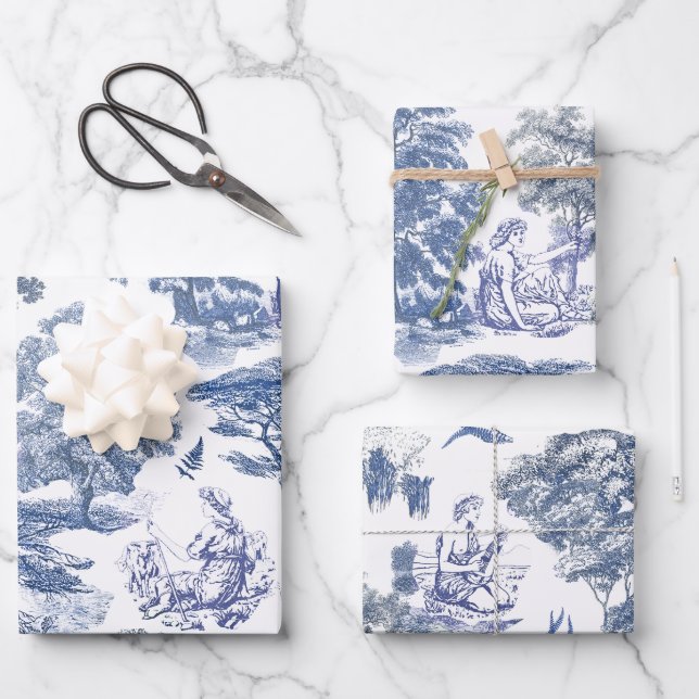 Classy Elegant Rustic Blue Country Toile Wrapping Paper Sheet (Front)