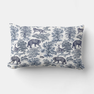 Classy Elegant Rustic Blue Forest Animals Toile Lumbar Pillow