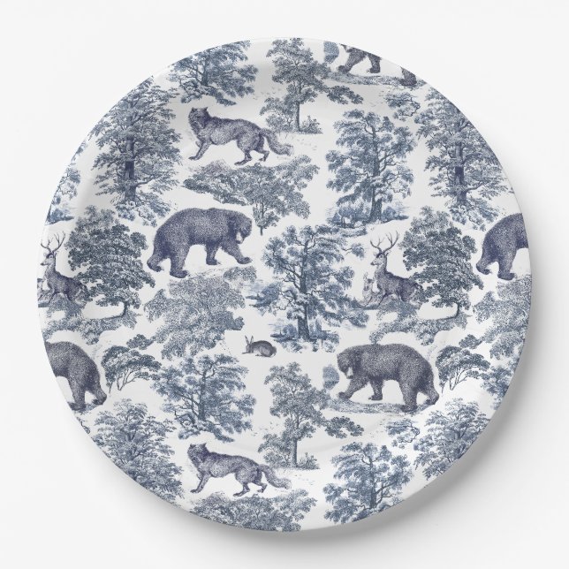 Classy Elegant Rustic Blue Forest Animals Toile Paper Plate (Front)