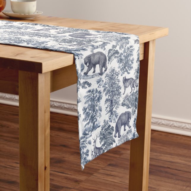 Classy Elegant Rustic Blue Forest Animals Toile Short Table Runner (In Situ)