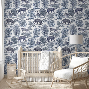 Classy Elegant Rustic Blue Forest Animals Toile Wallpaper