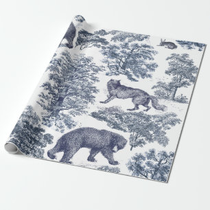 Classy Elegant Rustic Blue Forest Animals Toile Wrapping Paper