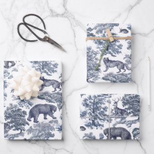 Classy Elegant Rustic Blue Forest Animals Toile Wrapping Paper Sheet