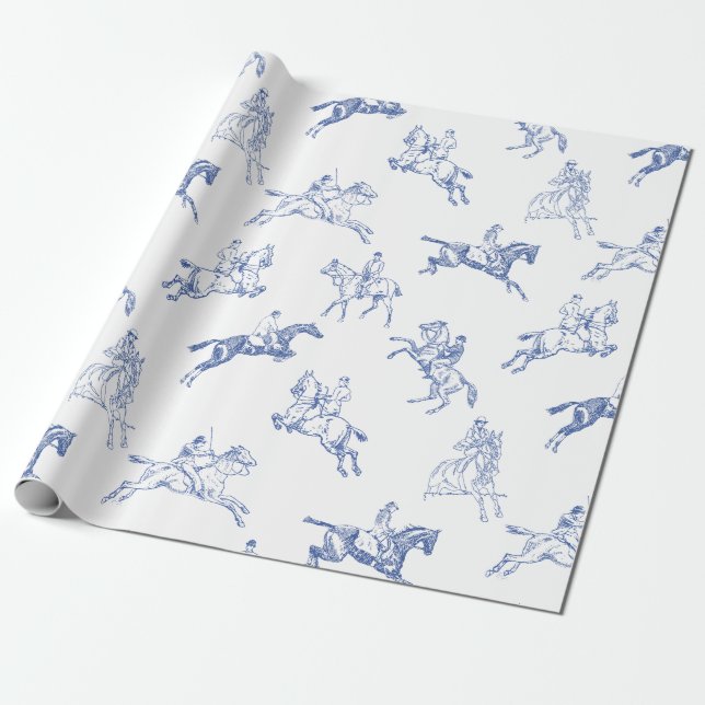 Classy Elegant Rustic Blue Horses Country Toile  Wrapping Paper (Unrolled)