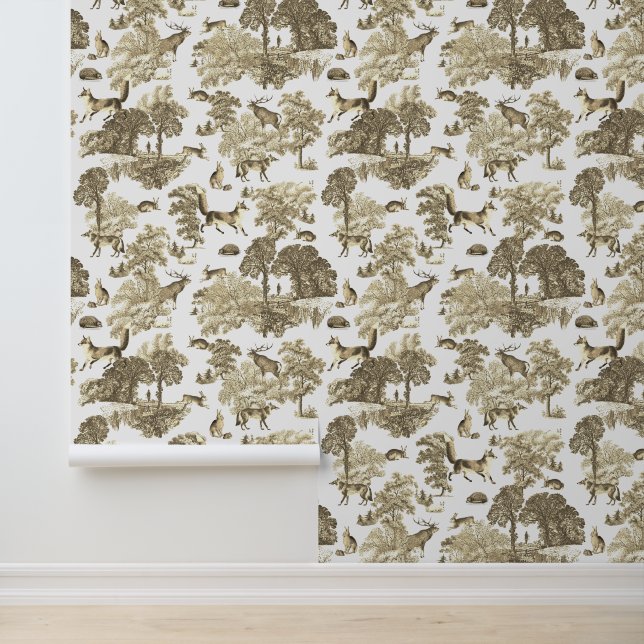 Classy Elegant Rustic Fox Forest Animals Toile Wallpaper (Application)