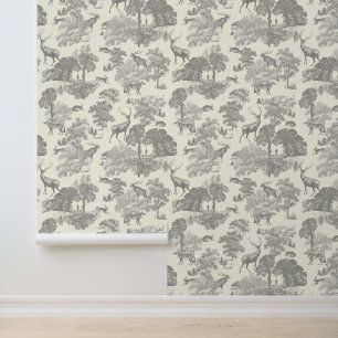 Classy Elegant Rustic Grey Deer Woodland Toile Wallpaper