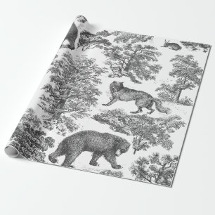 Classy Elegant Rustic Grey Forest Animals Toile Wrapping Paper