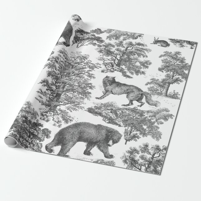 Classy Elegant Rustic Grey Forest Animals Toile Wrapping Paper (Unrolled)