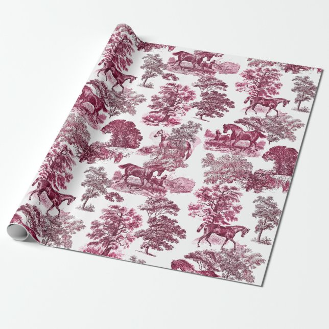 Classy Elegant Rustic Magenta Horses Country Toile Wrapping Paper (Unrolled)