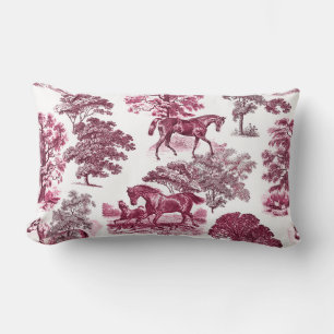 Classy Elegant Rustic Magenta Red Toile Horses Lumbar Pillow