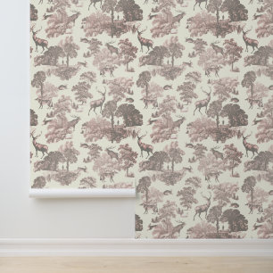 Classy Elegant Rustic Pink Deer Woodland Toile Wallpaper