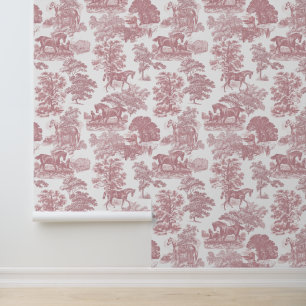 Classy Elegant Rustic Pink Horse Toile Wallpaper