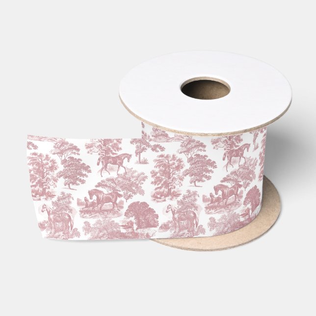 Classy Elegant Rustic Pink Horses Country Toile Satin Ribbon (Spool)
