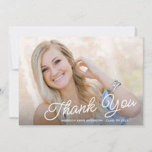 Classy Elegant Script 2 Photo Graduation Thank You Card