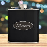 Classy Elegant Script Custom Name Personalized Hip Flask<br><div class="desc">Add a name, and easily create your personalized flask. Click CUSTOMIZE FURTHER to change the text colour or background colour. You can TRANSFER this DESIGN on other Zazzle products and adjust it to fit most of the Zazzle items. Standard Studio designs are made in high-resolution vector graphics for a professional...</div>