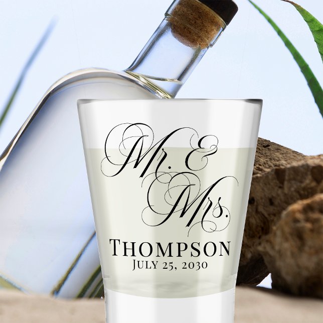 Classy Elegant Script Mr and Mrs Personalized Shot Glass (Creator Uploaded)