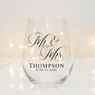 Classy Elegant Script Mr and Mrs Personalized Stemless Wine Glass