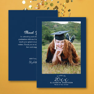 Classy Elegant Script Navy Blue Graduation Photo Thank You Card