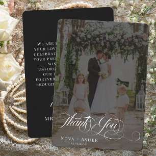 Classy Elegant Script Newlywed Dark Photo Overlay Thank You Card